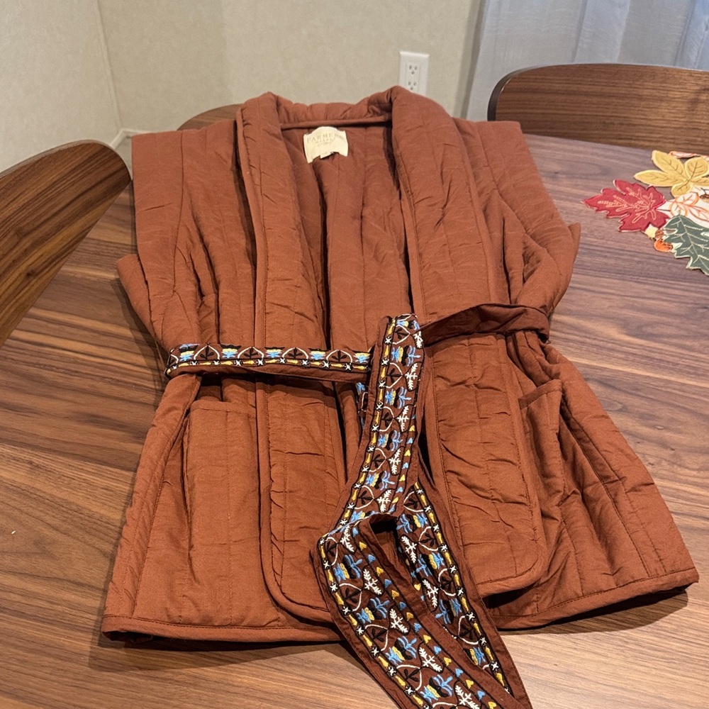 Women's Brown Quilted Vest with Embroidered Belt
